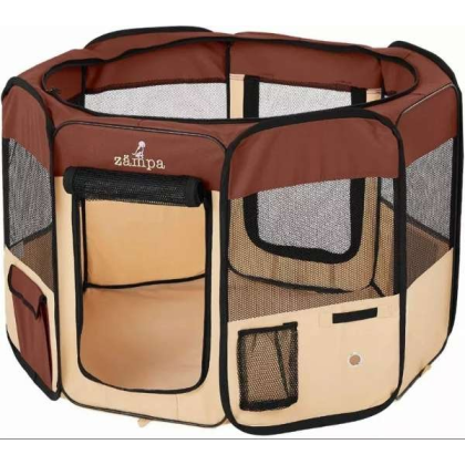 Brown - Zampa Portable Foldable Pet playpen Exercise Pen Kennel + Carrying Case - Extra Small (29"x29"x17")