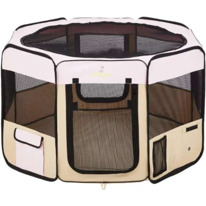Pink - Zampa Portable Foldable Pet playpen Exercise Pen Kennel + Carrying Case - Medium (45"x45"x24")
