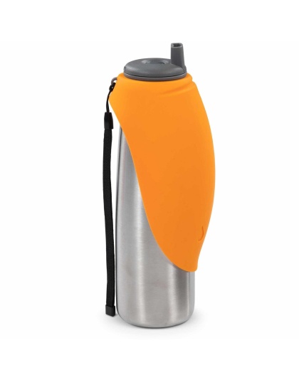 Messy Mutts Double Wall Stainless Travel Water Bottle with Silicone Flip Up Bowl Orange 20oz