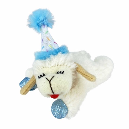 Blue - Multipet Lamb Chop w/ Birthday Hat Cat Toy  - 4"