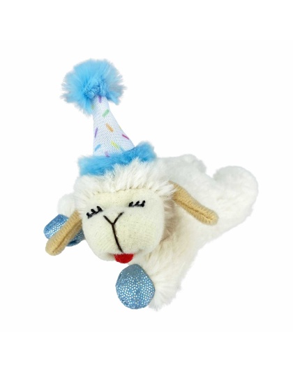 Blue - Multipet Lamb Chop w/ Birthday Hat Cat Toy  - 4"