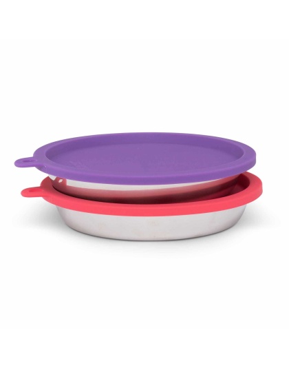 Messy Cats Stainless Saucer Shaped Bowls & Silicone Lids (Watermelon, Purple) 4pc Box Set