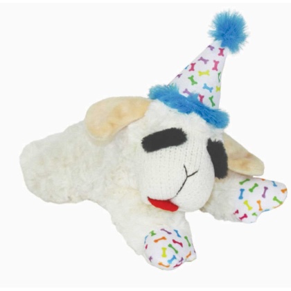 Blue - Multipet Lamb Chop w/ Birthday Hat Plush Dog Toy  - 10.5"