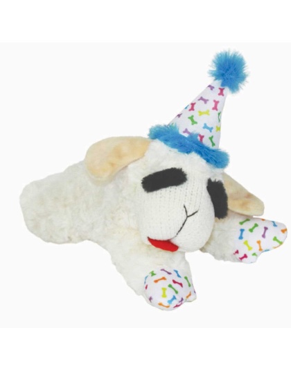 Blue - Multipet Lamb Chop w/ Birthday Hat Plush Dog Toy  - 10.5"