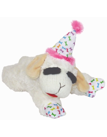 Pink - Multipet Lamb Chop w/ Birthday Hat Plush Dog Toy  - 10.5"