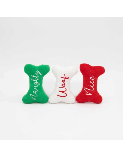 ZippyPaws Holiday Miniz Naughty and Nice Bones Plush Dog Toy 3pk
