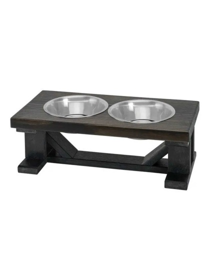 Farmhouse 2-Bowl Elevated Dog Feeder Ebony Medium, Black Base