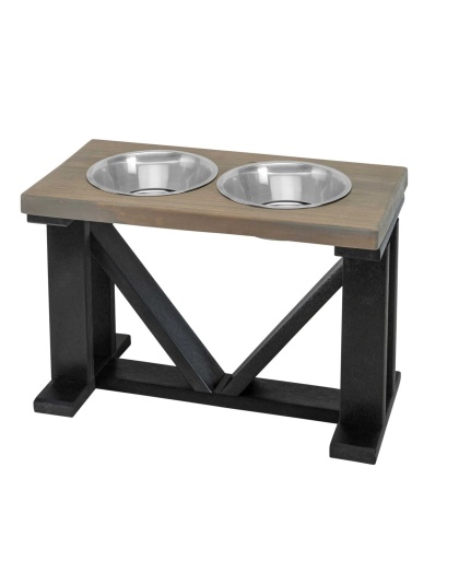 Farmhouse 2-Bowl Elevated Dog Feeder Grey Medium, Black Base