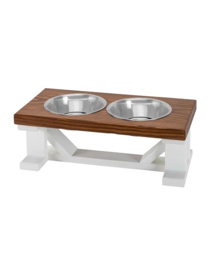 Farmhouse 2-Bowl Elevated Dog Feeder Chestnut Large, White Base