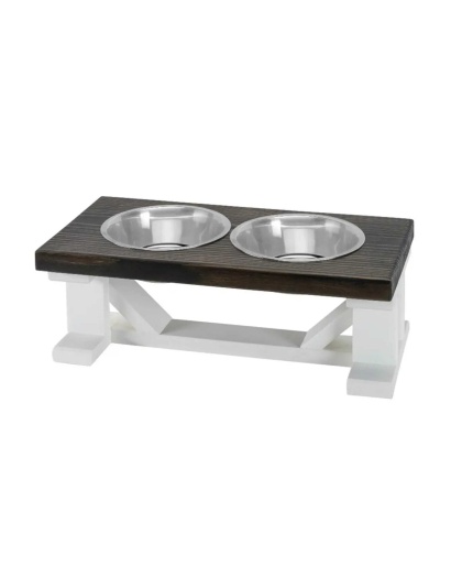 Farmhouse 2-Bowl Elevated Dog Feeder Ebony Small, White Base