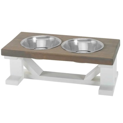 Farmhouse 2-Bowl Elevated Dog Feeder Grey Small, White Base