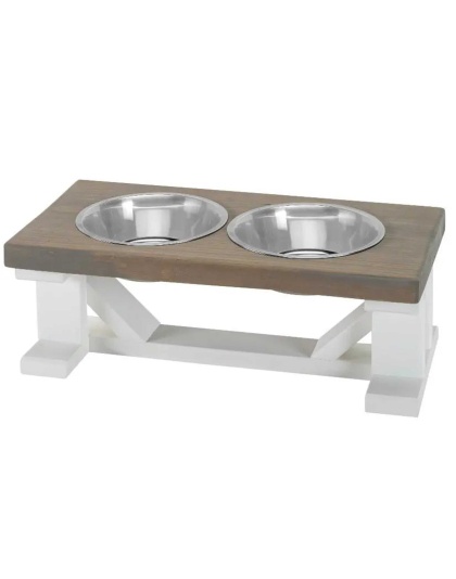 Farmhouse 2-Bowl Elevated Dog Feeder Grey Small, White Base
