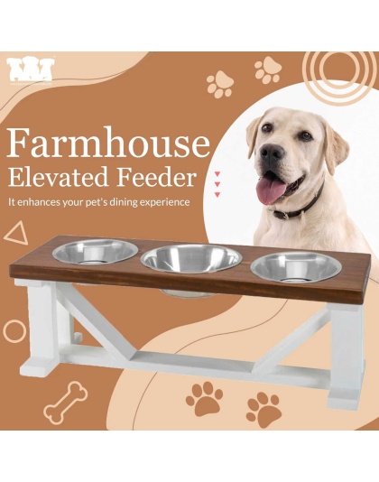 Farmhouse 3-Bowl Elevated Dog Feeder Chestnut Medium, White Base