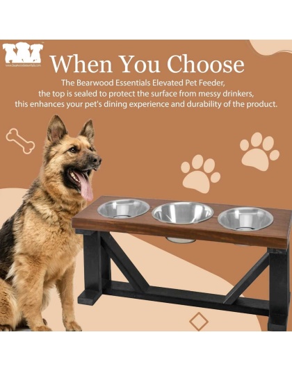 Farmhouse 3-Bowl Elevated Dog Feeder Chestnut Small, Black Base