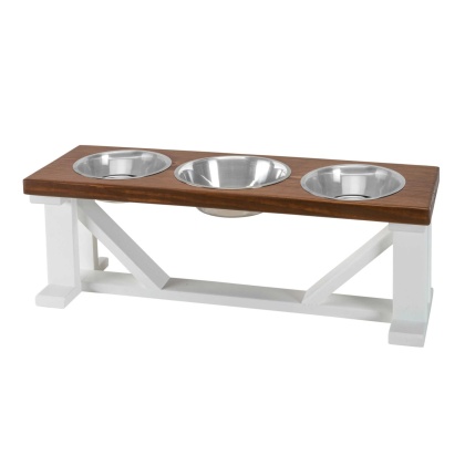 Farmhouse 3-Bowl Elevated Dog Feeder Chestnut Small, White Base