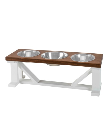 Farmhouse 3-Bowl Elevated Dog Feeder Chestnut Small, White Base