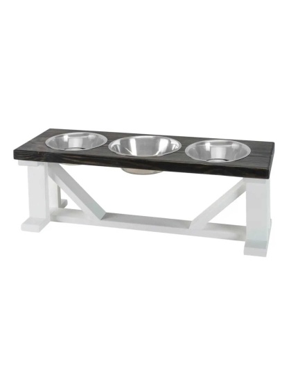Farmhouse 3-Bowl Elevated Dog Feeder Ebony Large, White Base