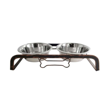 Rustic Dog Bone Feeder with 2 Stainless Steel Dog Bowls - 1 Quart