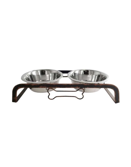 Rustic Dog Bone Feeder with 2 Stainless Steel Dog Bowls - 1 Quart