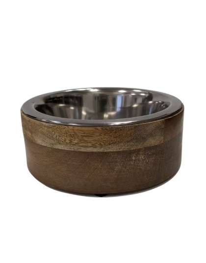Stainless Steel Dog Bowl with Cylindrical Mango Wood Holder - 1 Pint