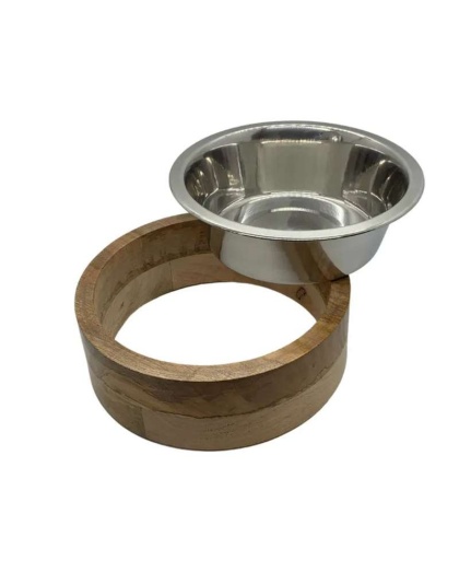 Stainless Steel Dog Bowl with Cylindrical Mango Wood Holder - 1 Pint