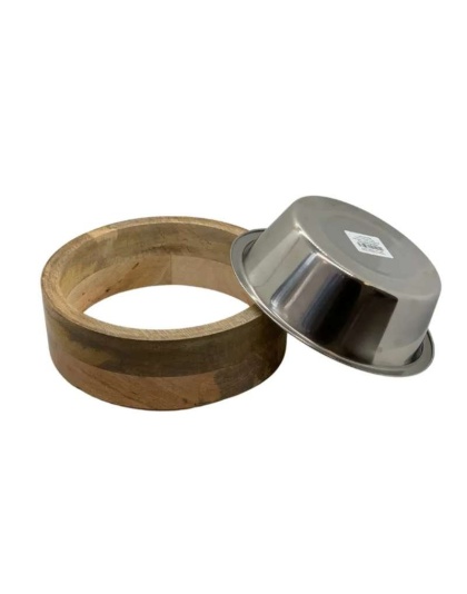 Stainless Steel Dog Bowl with Cylindrical Mango Wood Holder - 1 Pint