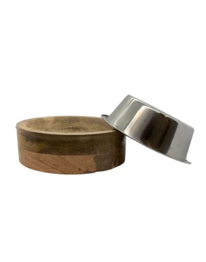 Stainless Steel Dog Bowl with Cylindrical Mango Wood Holder - 1 Quart