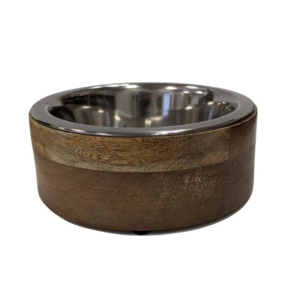 Stainless Steel Dog Bowl with Cylindrical Mango Wood Holder - 2 Quarts