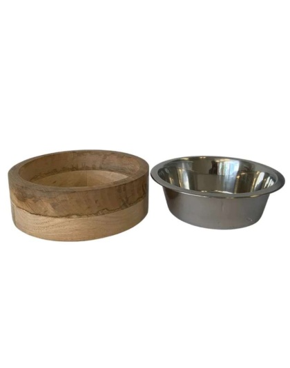 Stainless Steel Dog Bowl with Cylindrical Mango Wood Holder - 2 Quarts