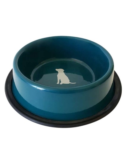 Teal - Nonskid Dog Bowl with Cool Gray Dog Silhouette - 16 oz