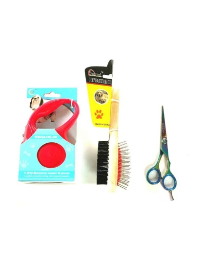 Retractable Dog Leash Double Brush Grooming Hair Scissors Complete Gift Set