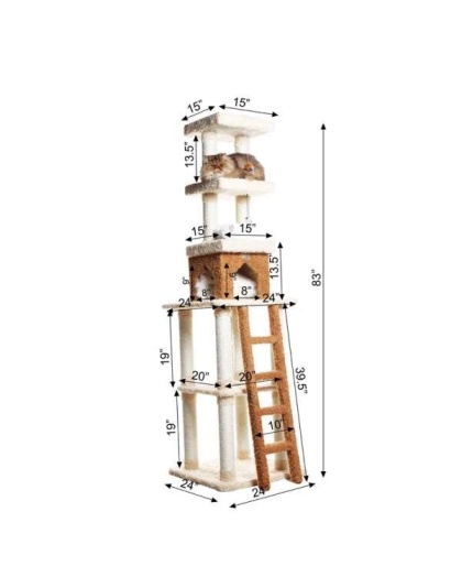 Real Wood  Multi-Level Cat Tower X8303 Cat Tree In Beige