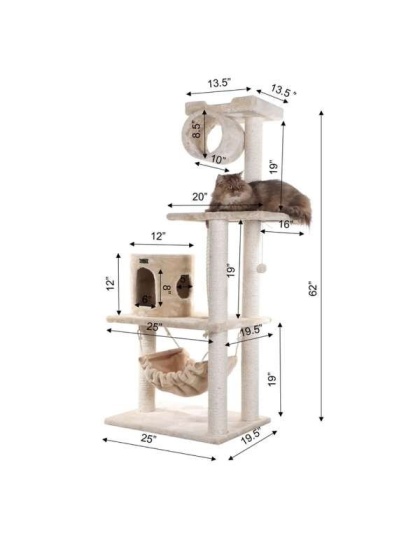 Real Wood 62" Cat tree With Scratch posts, Hammock for Cats