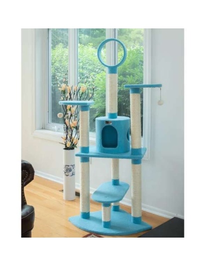 Real Wood 65-Inch Classic Cat Tree In Sky Blue 5-Level Condo