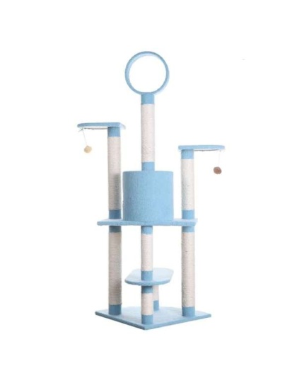 Real Wood 65-Inch Classic Cat Tree In Sky Blue 5-Level Condo