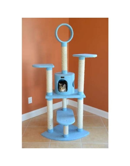 Real Wood 65-Inch Classic Cat Tree In Sky Blue 5-Level Condo