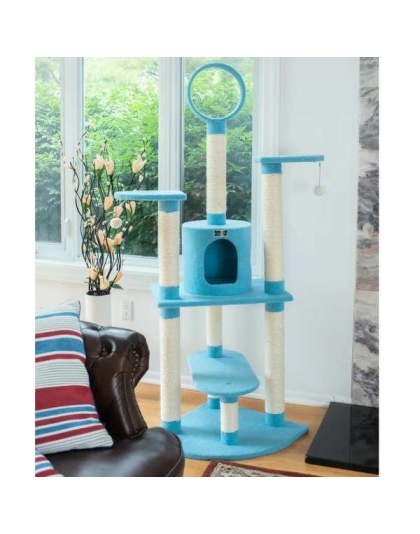 Real Wood 65-Inch Classic Cat Tree In Sky Blue 5-Level Condo