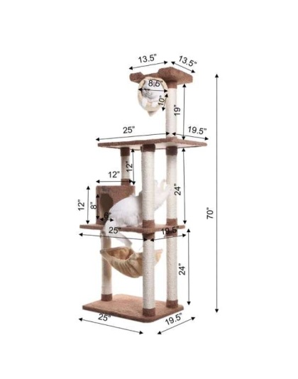 Real Wood 70" Cat tree With Scratch posts, Hammock for Cats