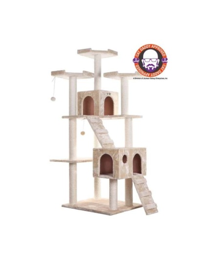 Beige - Real Wood 74" Multi-Level Cat Tree Large Cat Play Furniture
