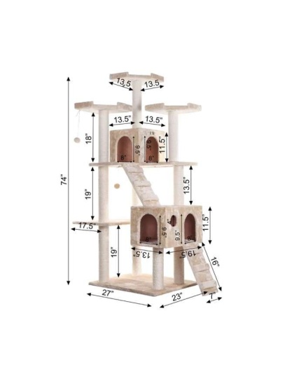 Beige - Real Wood 74" Multi-Level Cat Tree Large Cat Play Furniture
