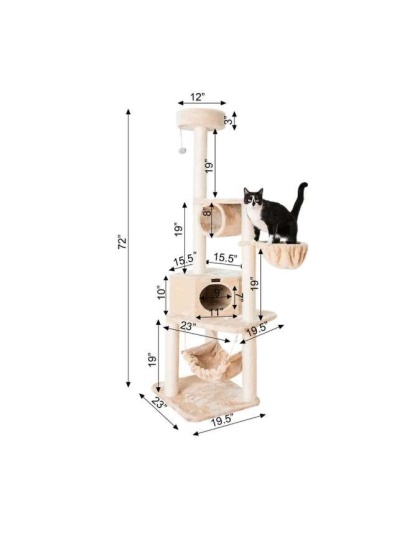 Real Wood 72" H Pet Cat Tower W Lounge Basket, Perch, A7204