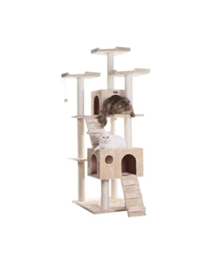 Beige - Real Wood 74" Multi-Level Cat Tree Large Cat Play Furniture