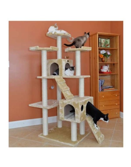 Beige - Real Wood 74" Multi-Level Cat Tree Large Cat Play Furniture