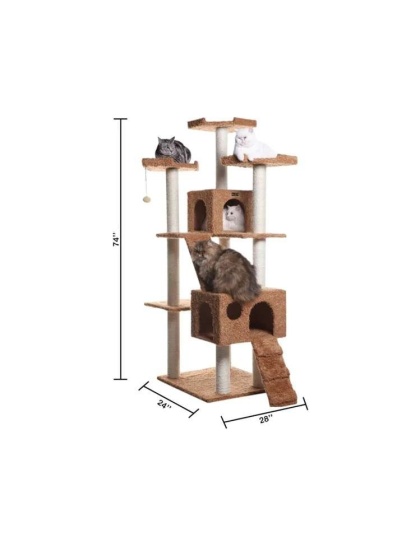Ochre Brown - Real Wood 74" Multi-Level Cat Tree Large Cat Play Furniture