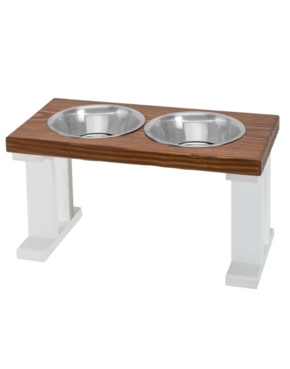 White/Chestnut - Farmhouse 2 Bowl Elevated Regular Feeder -  12 Inch