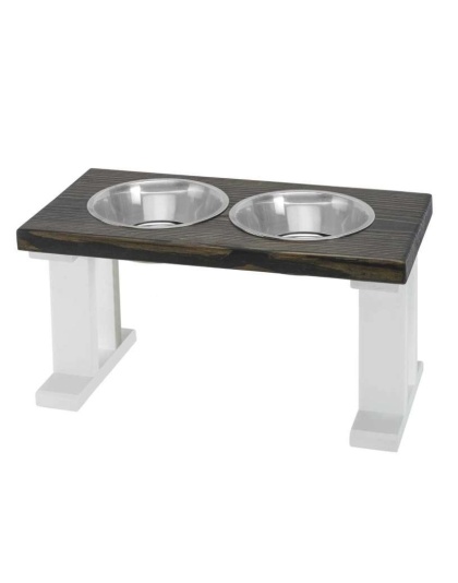 White/Ebony - Farmhouse 2 Bowl Elevated Regular Feeder -  12 Inch