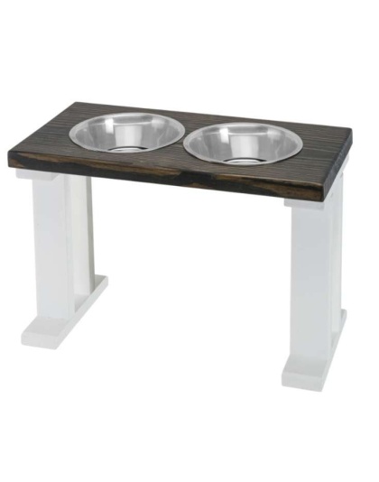 White/Ebony - Farmhouse 2 Bowl Elevated Regular Feeder -  16 Inch