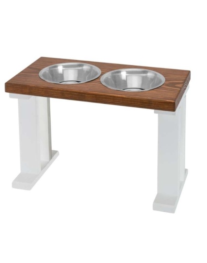 White/Chestnut - Farmhouse 2 Bowl Elevated Regular Feeder -  16 Inch
