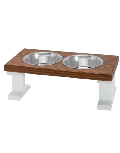 White/Chestnut - Farmhouse 2 Bowl Elevated Regular Feeder -  8 Inch