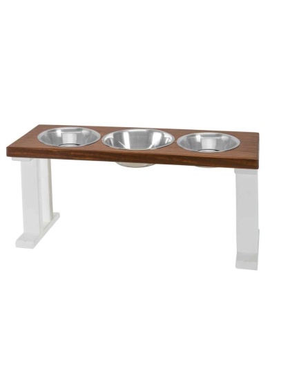 White/Chestnut - Farmhouse 3 Bowl Elevated Regular Feeder -  16 Inch
